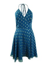 BLONDIE Womens Fit + Flare Short Dress Teal Spaghetti Strap Party Juniors 5