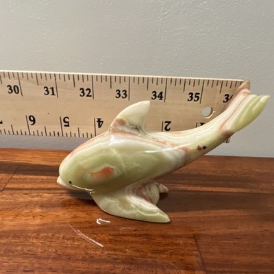 Polished Stone Dolphin Figurine Carving Green & Beige with Pink Accents