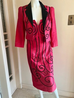 Condici Anzug Vintage 80er hellrosa Seide & schwarze Details Größe 10