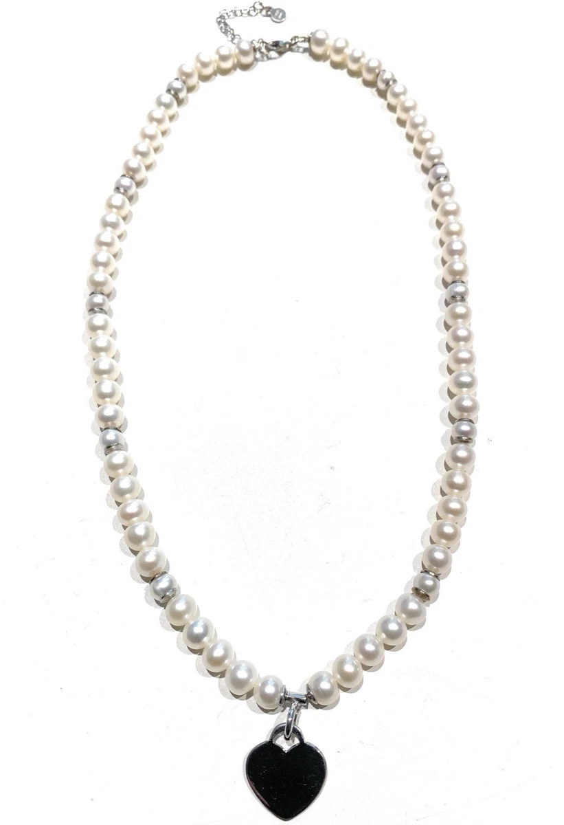 Collana A Strati Donna - Set Con Girocollo Di Perle E Collana Cuore, Elegante E Delicata (Argento)
