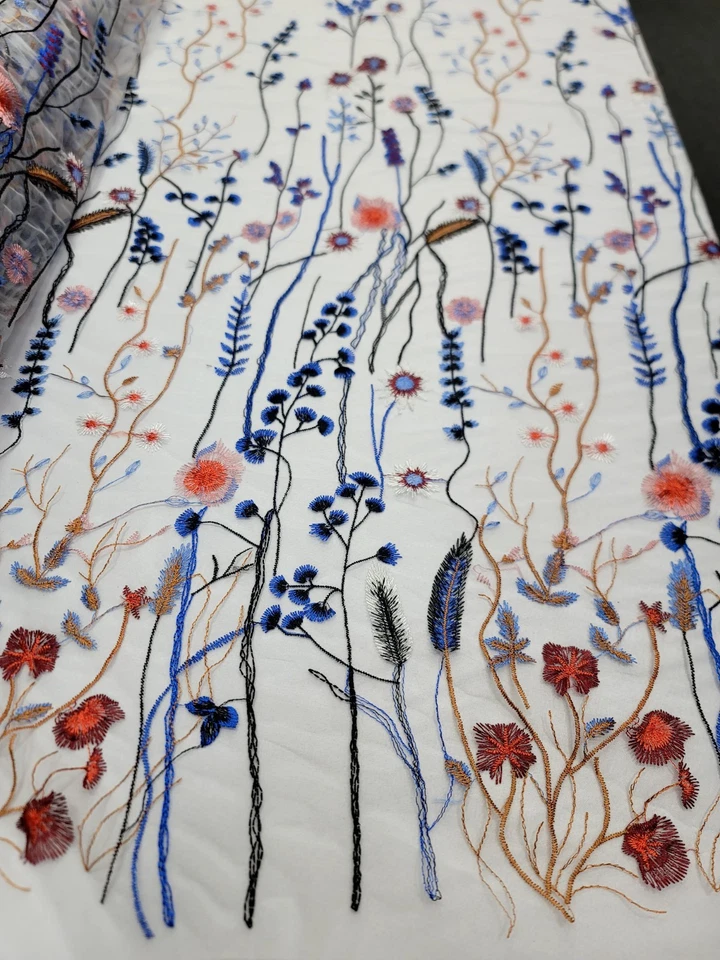 Fabric By The Yard Multicolor Lace Royal Blue Embroidery Flowers On White Mesh - Image 4 of 4