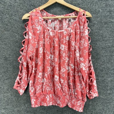 Como Blu Blouse Women L Pink Floral Cold Shoulder Long Sleeve Casual Top