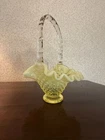 Vintage Fenton Art Glass Yellow Vaseline Opalescent Hobnail Basket Glows 6”