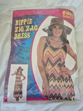 Hippie Zig Zag Dress Costume Large 16/18 Fancy Dress 70s Outfit Hat BNIP