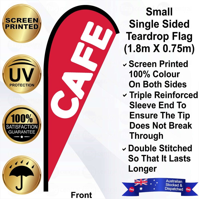 F - CAFE Red 2.4m Teardrop Flag / Banner Kit with Pole Set, Steel Outdoor Cross Base and a Free Carry Bag - 1