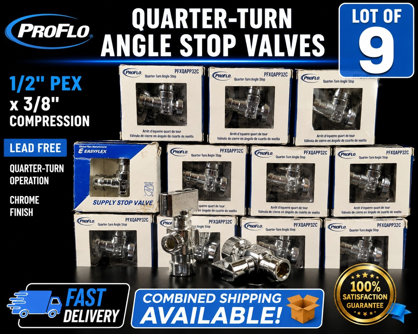 Lot of 9 ProFlo PFXQAPP32C 1/2" PEX x 3/8" Compression Quarter Turn Stop Valve