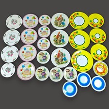 Vintage Tin Childrens Tea Party Plates Lot of 28 Gnomes Sunnie Miss Birthday