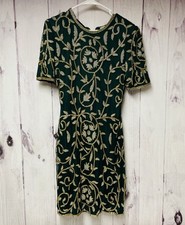 Vintage Laurence Kazar Silk Embellished Beaded Green Sheath Dress Small