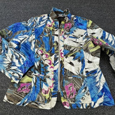Chico's Jacket Womens 1 Multicolor Floral Quilted Full Zip Collared Lined Art