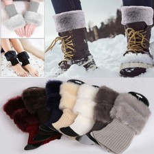 Women Winter Knitted Boot Cuffs Fur Knit Crochet Toppers Trim Socks Leg Warmer