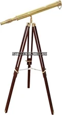 Nautical Single Barrel A Shiny Brass Telescope Wooden Tripod Ideal Home Decor