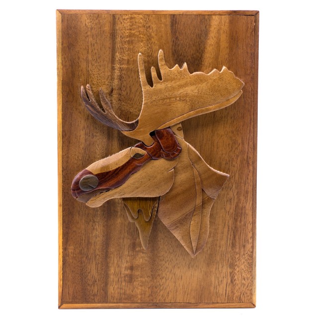 Wood Intarsia Moose Head Large Size Jewelry Trinkets Box 9" x 6