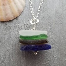 Genuine surf tumbled natural quad stack sea glass necklace. Handmade in Hawaii,