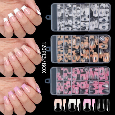 120Pcs/Box Short Square Nails Tips Full Cover Clear French False Nail Extension 