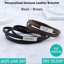 Brown Black Leather & Steel Mens Personalised Engraved Bracelet - Christmas Gift