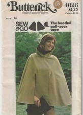 VTG Butterick 4026 Hooded Pullover Cape Poncho Sewing Pattern Size 14 Bust 36  