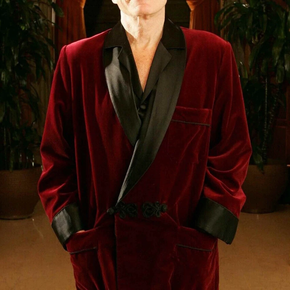 Мужская темно-бордовый и черный бархат лаконичный Хью Хафнер курить куртка ручной работы - Изображение 3 из 4