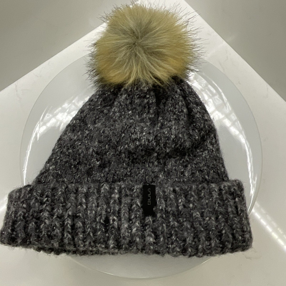 Bula Gray Knit Wool blend with pom beanie hat Lined with Velvet one size