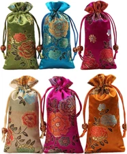 Silk Brocade Double Layer Drawstring Pouch Candy Sachet Wallet Jewelry Bag W3"H6