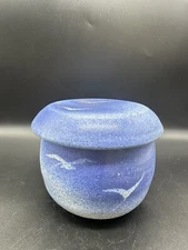 Studio Pottery Butter Bell Crock Keeper Blue Airbrush Birds Matte Signed Cash