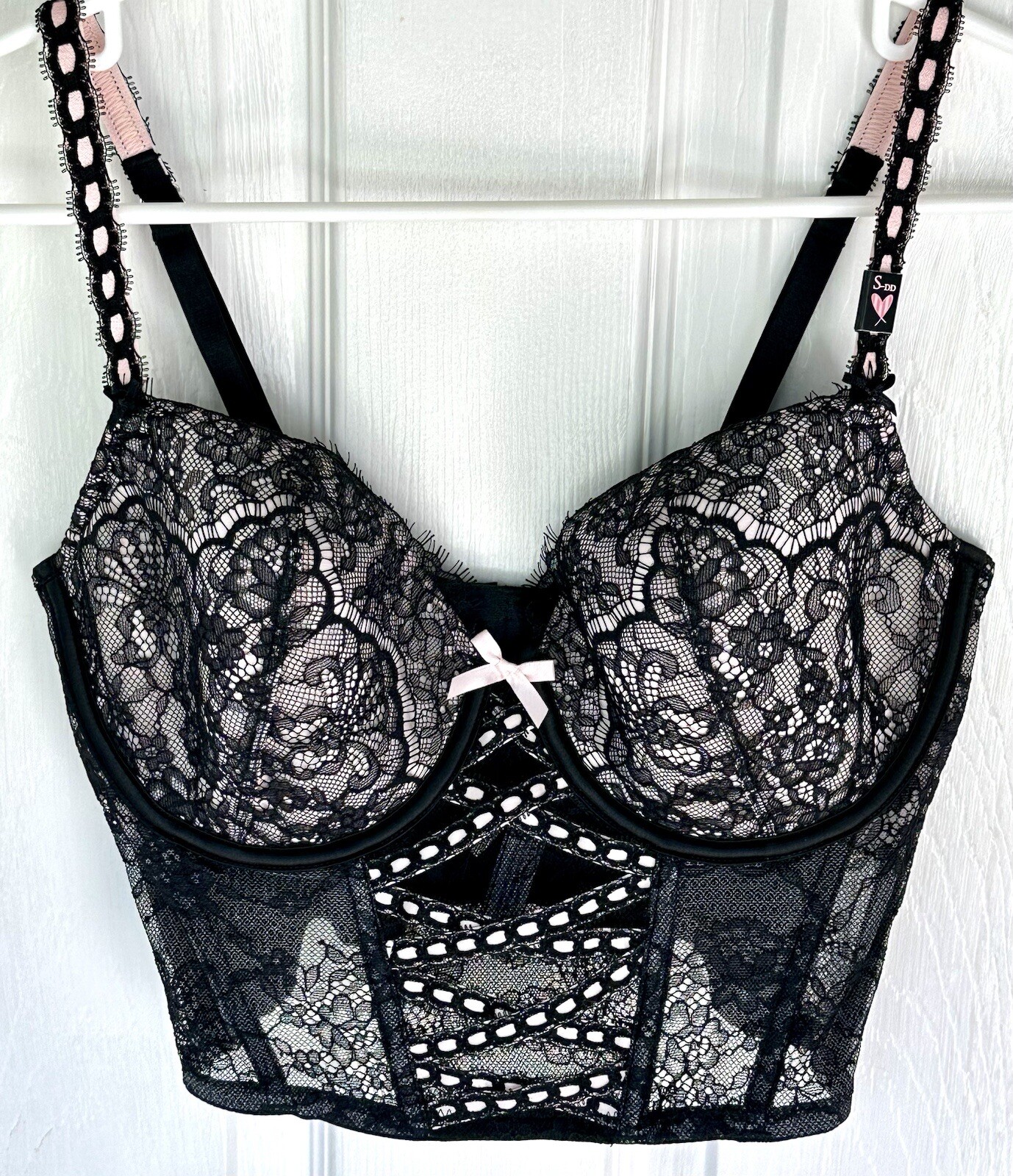 Victoria’s Secret Lace Bra Lingerie Top Black Pink Lace Small DD NWOT