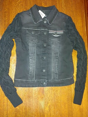 Desigual Womens sz 36 Black Denim Jean Jacket mixed media knit 