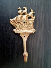 Antique Brass Ship Sailboat Coat Hook, Nautical Design Wall Key Holder