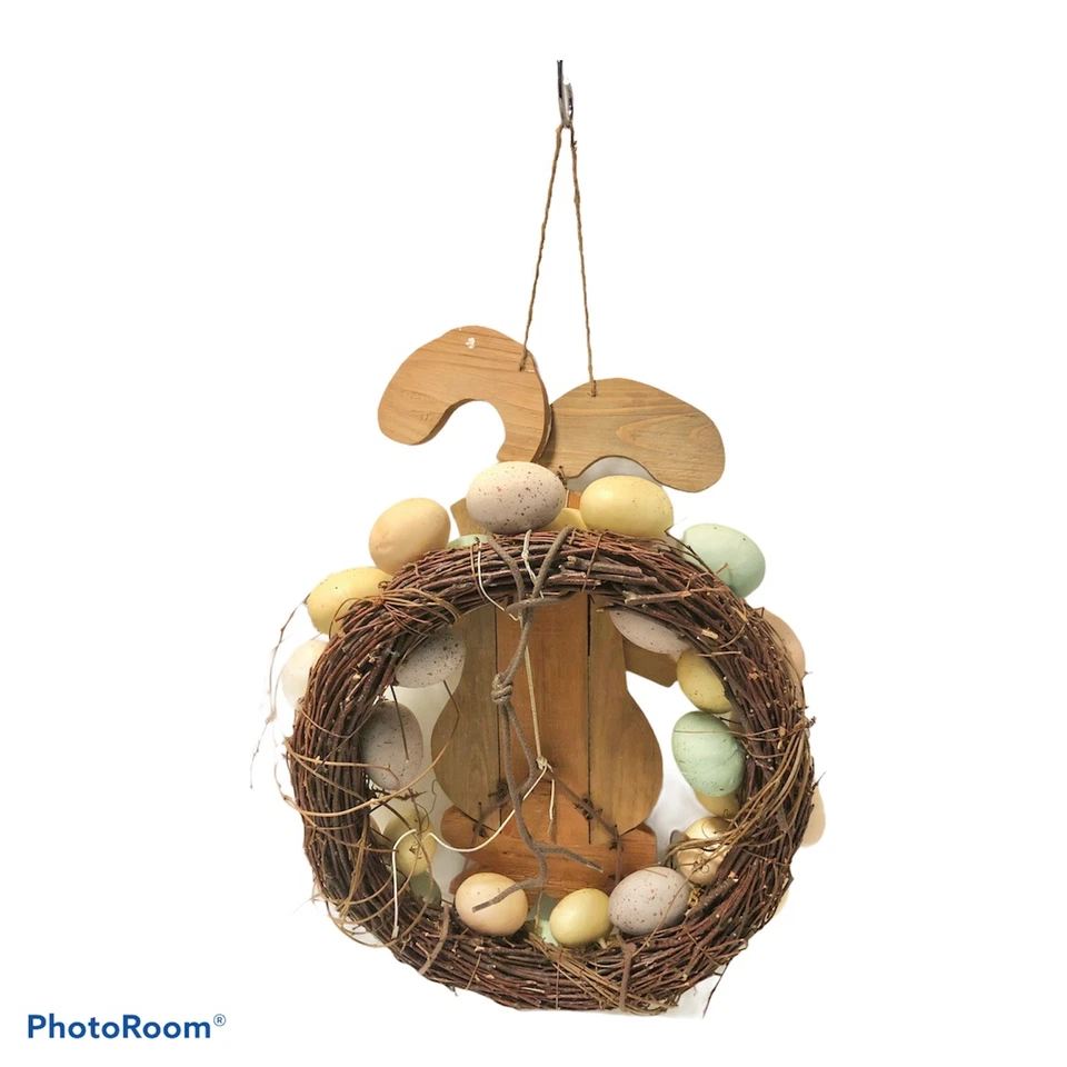 Corona de madera para puerta de conejo de pascua huevo vid hecha a mano 18" Foto 2 de 4