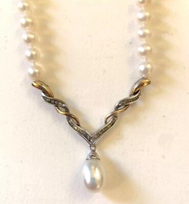 Alwand Vahan AV  14k And 925 Sterling Pearl & Diamond Drop Necklace 16 - 17''