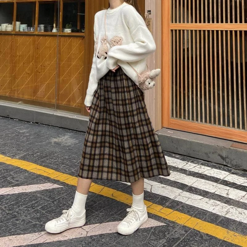 Women Tartan Midi Skirt Check Plaid High Waist Pleated Warm