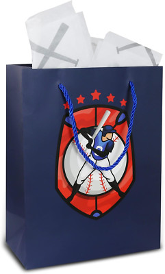 Baseball Gift Bag with Tissue Paper - Blue Reusable Baseball Gift Bags for Kids 