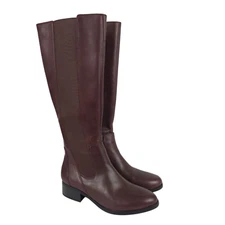 H BY HALSTON Naomi Riding Boots 7M Burgundy Brown Leather Knee High Side Zipper