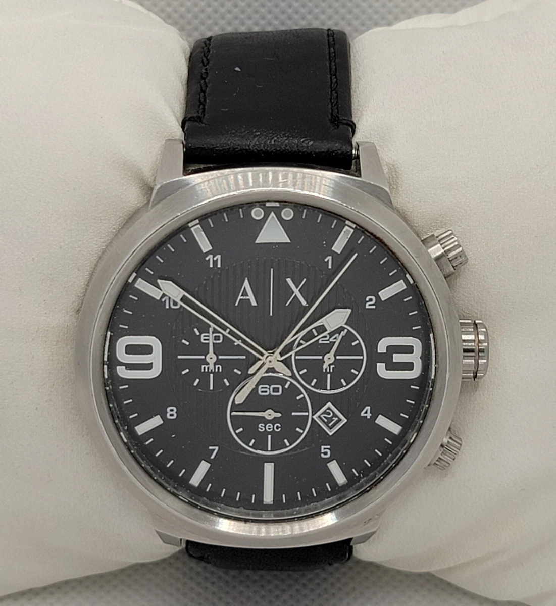 Mens A X Armani Exchange Silver Tone Black Leather Strap Watch AX1371 K5