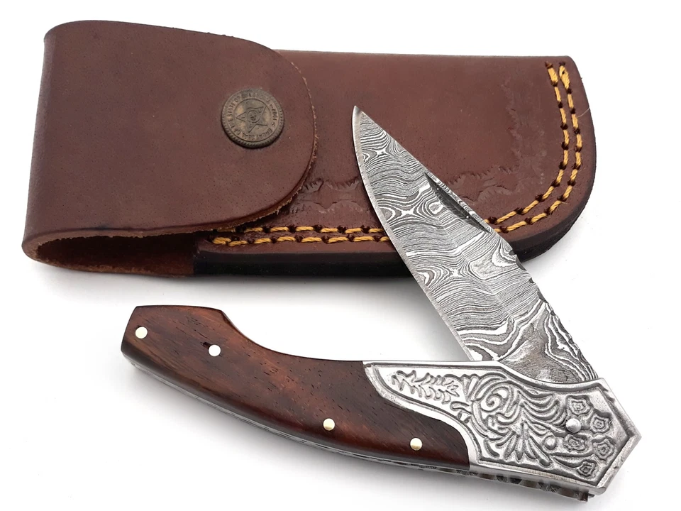 Cuchillo de bolsillo plegable hecho a mano Damasco camping cuchillo de caza palo de rosa con bolsa Foto 3 de 4
