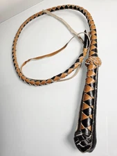 53" Vintage Handmade Leather Bullwhip Black/Tan Leather Western Whip W/ 17" Tail