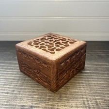 Handmade Carved Wooden Trinket Box Small Square Jewelry Keepsake Geometric Lid