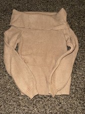 Women s Beige Rib-Knit Off-the-Shoulder Pullover Sweater, Long Sleeve M
