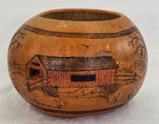 Vtg Folk Art Calabash Gourd Bowl Hand Carved Painted Covered Bridge Decorative