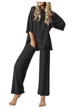 Lounge Sets for Women Short Sleeve Tops and Long Pants Soft Comfy Medium Black