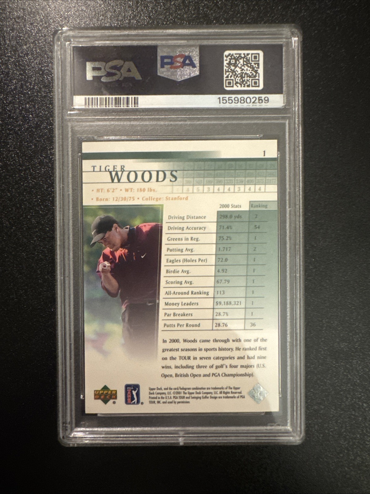 2001 Upper Deck Tiger Woods #1 (RC) PSA 8 view 2