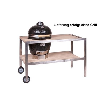 Monolith Tisch aus Edelstahl & Teak .55 (CLASSIC) fahrbar inklusive Rollen