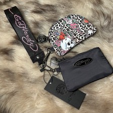 NWT Ed Hardy Double Pouch Wristlet - Skulls  Flowers On Cheetah Print