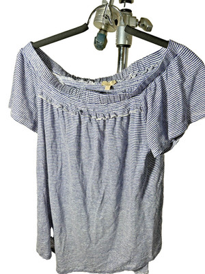 Anthropologie Bordeaux Linen Off Shoulder Top  Medium Blue Stretch New Tag $68