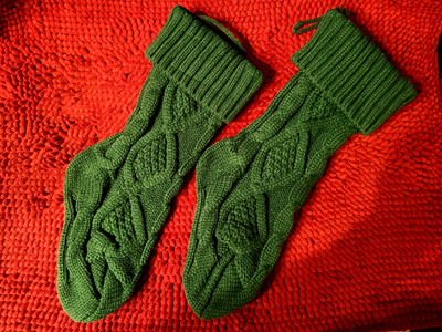 Two Green 14 1/2'' Cable Knitted Christmas Holiday Stocking with Hanger