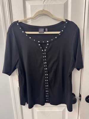Rafaella Black Short Sleeve T-Shirt Open V-Neck Studded Sz XLP