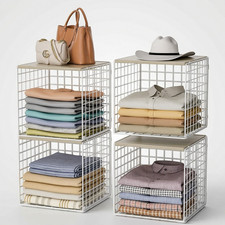 4 Pack Stackable Closet Organizers Storage Baskets with Wooden Top