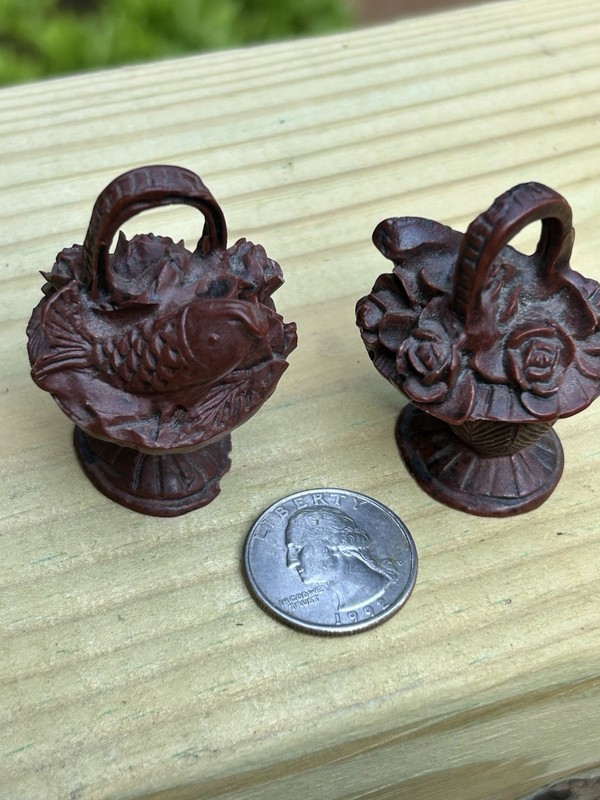 2 Antique Chinese Miniature Rosewood Carved Basket Of A Fish And Flowers