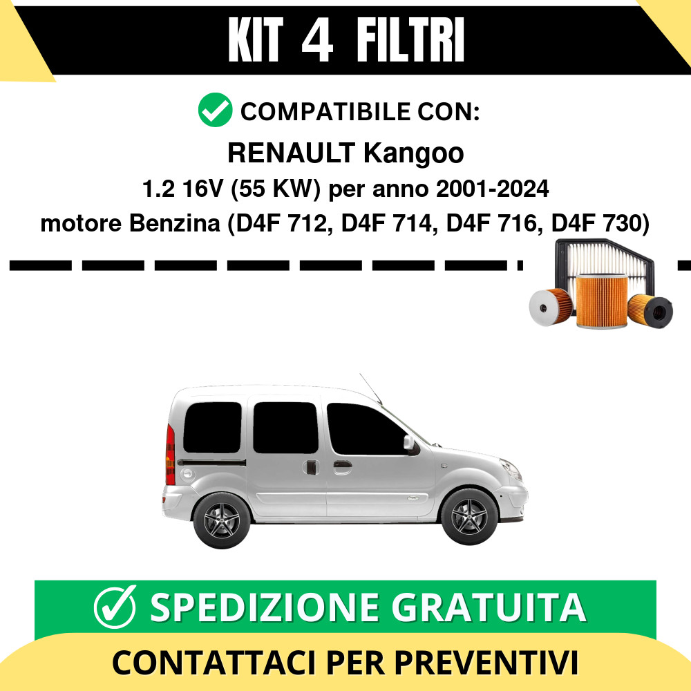 Kit Tagliando 4 Filtri per RENAULT Kangoo 1.2 16V 55 kw anno...
