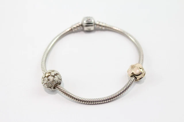 14 Pandora Sterling Silver Charm Bracelet w/ 14ct Gold Charm Enamel Floral (18g)