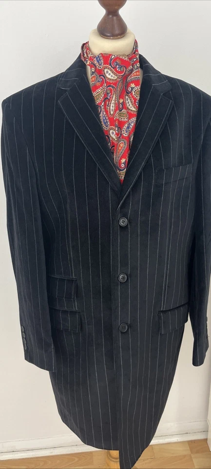 Ben Sherman Crombie Style Mens 38-40R Overcoat Black Velvet Pinstripe Cotton - Image 2 of 4